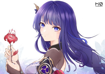 1girl armor artist_name blunt_bangs blurry blurry_background braid bridal_gauntlets closed_mouth commentary_request flower genshin_impact hair_ornament hang.2o highres holding holding_flower japanese_clothes kimono light_blush long_braid looking_to_the_side mole mole_under_eye multicolored_hair neck_ribbon off_shoulder outdoors plant purple_eyes purple_kimono raiden_shogun red_flower red_ribbon ribbon shoulder_armor single_braid solo standing streaked_hair upper_body