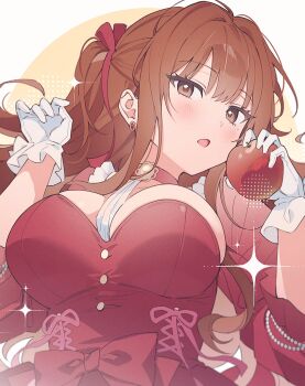 1girl apple between_breasts blush bow breasts brown_eyes brown_hair choppy_bangs collar commentary dress dress_bow earrings film_grain food fruit gloves hair_spread_out hands_up highres holding holding_food holding_fruit jewelry large_breasts long_hair looking_at_viewer lvemhrd open_mouth original red_bow red_collar red_dress solo symbol-only_commentary upper_body white_gloves