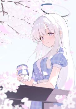 1girl absurdres blue_archive blue_dress blurry blurry_background blush cherry_blossoms coffee_mug commentary_request cup dress flower_hairpin halo highres light_smile long_hair looking_at_viewer mechanical_halo millennium_science_school_logo mug noa_(blue_archive) outdoors purple_eyes ryua_(user_kedz2257) tagme white_hair