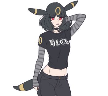 Rule 34 | 1girl, animal ears, black choker, black hair, black pants, black shirt, blunt bangs, choker, closed mouth, commentary, cowboy shot, crop top, english commentary, expressionless, gen 2 pokemon, goth fashion, hand in own hair, kirby otaku, layered sleeves, long sleeves, looking at viewer, midriff, navel, nintendo, pants, personification, pokemon, red eyes, shirt, short over long sleeves, short sleeves, simple background, solo, tail, transparent background, umbreon