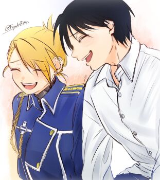 1boy 1girl black_hair blonde_hair blue_jacket blue_pants breasts closed_eyes collared_shirt commentary_request earrings fullmetal_alchemist fuyukirita gold_buttons hair_between_eyes highres jacket jewelry light_blush medium_breasts medium_hair military_jacket military_uniform open_mouth pants pink_background riza_hawkeye roy_mustang shirt short_hair smile stud_earrings teeth twitter_username updo upper_body upper_teeth_only white_shirt