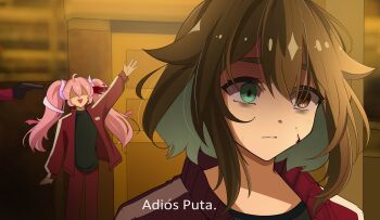 2girls :d ahoge black_shirt blood blood_on_cheek blood_on_face brown_eyes brown_hair chibidoki_(vtuber) colored_inner_hair commentary empty_eyes green_eyes green_hair gun hair_flaps hair_ribbon headshot heterochromia highres indie_virtual_youtuber medium_hair meica_(vtuber) minecraft_youtube multicolored_hair multiple_girls no_eyes open_mouth pink_hair red_track_suit ribbon shaded_face shirt smile space_dessert spanish_commentary spanish_text squid_craft_games track_suit translation_request twintails twitch_rivals virtual_youtuber waving weapon