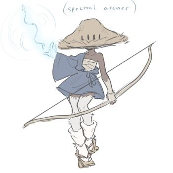 body_fur bow_(weapon) chest_sarashi commentary english_commentary furry furry_female hat highres holding holding_bow_(weapon) holding_weapon japanese_clothes magic original sandals sarashi straw_hat tateoftot weapon white_fur