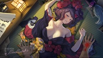 1boy 1girl bare_shoulders blue_eyes blush breasts cleavage collarbone command_spell commentary commission english_commentary fate/grand_order fate_(series) flower hair_flower hair_ornament highres ink japanese_clothes katsushika_hokusai_(fate) kimono lantern large_breasts looking_at_viewer obi off_shoulder on_ground paintbrush photo_(object) purple_hair sash scroll short_hair smile velahka