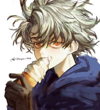 1boy blue_hoodie brown_gloves eating food gachiakuta gloves grey_hair highres hood hoodie ice_cream male_focus parted_bangs portrait red_eyes rudo_surebrec shoyuu_1600 simple_background solo white_background