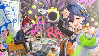 1boy 1girl ahoge amillion_(zenless_zone_zero) bangboo_(zenless_zone_zero) belle_(zenless_zone_zero) black_pants black_shirt blue_hair breasts can character_request clothes_writing collarbone commentary_request denim denim_jacket earrings eous_(zenless_zone_zero) graffiti green_eyes hair_between_eyes hair_ornament highres holding holding_can jacket jewelry ladder large_breasts looking_at_viewer luckyboo_(zenless_zone_zero) nicole_demara one_eye_closed open_clothes open_jacket open_mouth pants sable_mint shirt shoes short_hair sitting smile sneakers spray_can stepladder teeth upper_teeth_only white_footwear white_hair wise_(zenless_zone_zero) zenless_zone_zero