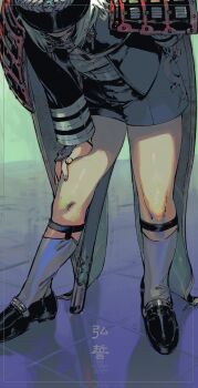 1boy absurdres armor black_jacket black_shoes black_shorts cape commentary_request covered_face facing_down grey_hair grey_shirt grey_socks hand_on_own_hip hand_on_own_thigh hat highres hotarumaru jacket japanese_armor kneehighs kote l_1753ucon leaning_forward legwear_garter long_sleeves medium_hair military_uniform open_clothes open_jacket peaked_cap reflective_floor sheath shirt shoes short_shorts shorts shoulder_armor socks sode solo standing tile_floor tiles touken_ranbu translation_request