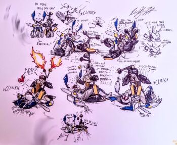 aftersex armor bed bed_sheet black_beetle blakbeetle_(medarot) blush breastplate cowgirl_position dorcus_(medarot) english_text fire heart highres medarot missionary non-web_source presenting robot robot_girl sex sex_from_behind sheet_grab signature skelegold speech_bubble straddling under_covers