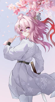 Rule 34 | 1girl, absurdres, alternate costume, bell, blue eyes, cherry blossoms, commentary request, cowboy shot, evzeva, falling petals, from behind, hair bell, hair between eyes, hair ornament, highres, honkai: star rail, honkai (series), jingle bell, looking at viewer, looking back, march 7th (honkai: star rail), march 7th (hunt) (honkai: star rail), multicolored eyes, parted lips, petals, pink eyes, pink hair, shuangyaji, solo, tunic, two-tone eyes, white tunic