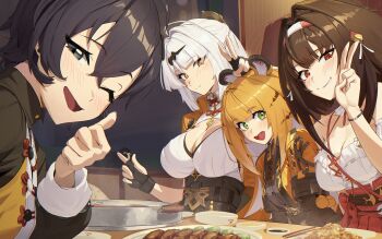 Rule 34 | 4girls, :d, ;d, animal ear fluff, animal ears, belle (zenless zone zero), black hair, blonde hair, blush, breasts, brown hair, casual, cleavage, commentary, dinner, english commentary, fingerless gloves, gloves, green eyes, grey eyes, grin, hairband, highres, ju fufu, large breasts, medium breasts, mole, mole on breast, multiple girls, official alternate costume, one eye closed, open mouth, red eyes, roro (tpghksdlzpq), small breasts, smile, thumbs up, tiger ears, v, white hair, ye shunguang, yellow eyes, yixuan (zenless zone zero), zenless zone zero