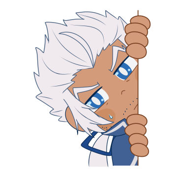 Rule 34 | 1boy, blue cape, blue eyes, bright pupils, cape, catovyen, classicaloid, closed mouth, dark-skinned male, dark skin, facial hair, grey hair, highres, johann sebastian bach (classicaloid), looking at viewer, male focus, mustache stubble, peeking, ponytail, short hair, simple background, solo, stubble, sweatdrop, v-shaped eyebrows, white background, white pupils