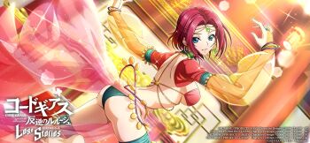 1girl ass blue_eyes breasts butt_crack code_geass code_geass:_lost_stories dancer earrings harem_outfit highres jewelry kouzuki_kallen large_breasts official_art red_hair revealing_clothes see-through_clothes shoulder_blades smile tagme underboob