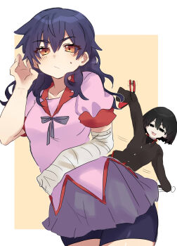 Rule 34 | 1boy, 1girl, :/, :3, absurdres, adjusting hair, arm up, bandaged arm, bandages, bike shorts, bike shorts under skirt, black eyes, black hair, black jacket, black shirt, black shorts, blush, bob cut, border, bow, bowtie, breasts, brown eyes, chinese commentary, closed mouth, collarbone, collared shirt, commentary, cowboy shot, dress shirt, empty eyes, eyelashes, gakuran, hair between eyes, hair iron, hanamonogatari, hand up, highres, holding, jacket, kanbaru suruga, leaning forward, leaning to the side, long hair, looking ahead, looking at another, medium breasts, messy hair, miniskirt, monogatari (series), motion lines, narrowed eyes, neck ribbon, open mouth, oshino ougi, outside border, pink shirt, playing with own hair, puffy short sleeves, puffy sleeves, purple bow, purple bowtie, purple hair, purple ribbon, purple skirt, red trim, ribbon, school uniform, shirt, short hair, short sleeves, shorts, simple background, skirt, smile, standing, summer uniform, sweatdrop, thick eyebrows, tsugumi (tgm 615486), turtleneck, two-sided fabric, unamused, undershirt, wavy hair, white border, yellow background