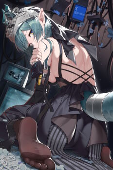1girl absurdres aqua_hair arknights arknights:_endfield arm_belt ass back backless_dress backless_outfit bare_back bare_shoulders bead_bracelet beads black_dress black_veil blue_pupils blue_screen_of_death bracelet breasts broken_glass brown_pantyhose cable commentary_request covered_mouth criss-cross_back-straps detached_sleeves dress dutch_angle feet from_behind glass gradient_background hand_on_own_arm head_tilt highres horns jewelry light_particles long_hair long_sleeves looking_at_viewer looking_back medium_breasts monitor on_ground pantyhose pointy_ears sideboob sitting soles solo strap tail television toe_seam toes turning_head veil vial wariza wuren xaihi_(arknights) yellow_eyes