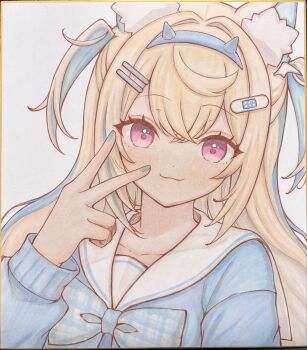 Rule 34 | 1girl, animal ear fluff, animal ears, blonde hair, blue bow, blue hair, blue hairband, blue nails, blue shirt, bow, closed mouth, comiket 107, commentary request, dog ears, fake horns, fuwawa abyssgard, hair between eyes, hair intakes, hairband, highres, hololive, hololive english, horns, long hair, long sleeves, looking at viewer, multicolored hair, nail polish, photo (medium), plaid bow, puffy long sleeves, puffy sleeves, purple eyes, sailor collar, sakuraume, school uniform, serafuku, shikishi, shirt, solo, streaked hair, traditional media, two side up, upper body, virtual youtuber, white sailor collar