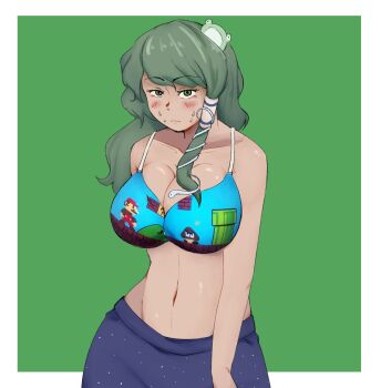1girl blue_bra blue_skirt blush bra breasts character_print cleavage commentary cyanidegray english_commentary frog_hair_ornament goomba green_eyes green_hair hair_ornament hair_tubes highres kochiya_sanae large_breasts looking_at_viewer mario mario_(series) navel nintendo print_bra retro_games_sanae_(meme) single_hair_tube skirt snake_hair_ornament solo stomach sweat touhou underwear