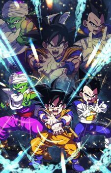 3boys absurdres armor black_eyes black_hair blue_bodysuit blue_boots blue_shirt bodysuit boots colored_skin dougi dragon_ball dragon_ball_daima fangs final_flash full_body gloves green_skin group_picture highres kamehameha_(dragon_ball) kazehare_1216 makankousappou male_focus medium_hair multiple_boys muscular muscular_male no_eyebrows open_mouth orange_pants orange_tunic pants piccolo pointy_ears purple_pants purple_shirt ruyi_jingu_bang saiyan_armor shirt son_goku spiked_hair tunic vegeta white_armor white_boots white_gloves