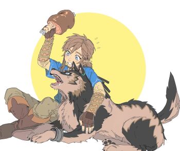 1boy animal_ear_piercing arm_up blue_eyes blue_tunic boned_meat boots brown_boots brown_hair brown_pants clenched_teeth dual_persona flying_sweatdrops food glutton gyou_chin highres holding holding_food link male_focus meat nintendo pants pointy_ears ponytail short_hair sitting teeth the_legend_of_zelda the_legend_of_zelda:_breath_of_the_wild the_legend_of_zelda:_twilight_princess tunic wolf wolf_link