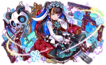 1girl animal_ears anime_coloring apron aqua_eyes aqua_headdress aqua_thighhighs artist_request bat_wings black_apron black_collar black_dress black_footwear black_hair black_horns blue_hair blunt_bangs cctv_screen chain chair chunithm collar crash_fever cross-laced_clothes cross-laced_dress curtains dot_nose dress dress_flower earrings eyelashes fake_animal_ears flower flower_ornament flower_symbol frilled_apron frilled_sleeves frills full_body game_cg gloves half_updo high_heels holding holding_chain horns jewelry light_particles long_hair long_sleeves mika_dominance_iii multicolored_hair official_art on_chair orange_hair outline parted_lips rabbit_ears red_outline screen sega sitting sleeves_past_wrists smile solo sparkle straight_hair strappy_heels streaked_hair striped_sleeves tachi-e thighhighs third-party_source transparent_background twintails vertical-striped_sleeves very_long_hair white_gloves white_sleeves wings