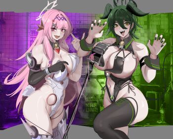 2girls :d absurdres airi_(freezeflamefox) black_gloves black_leotard black_thighhighs black_wrist_cuffs blunt_bangs breast_curtains breasts cable cassandra_(powercrasher2) claw_pose clothing_cutout commentary commission cowboy_shot cross-shaped_pupils diamond_hairband elbow_gloves english_commentary fang fox_shadow_puppet gloves green_eyes green_hair green_nails hair_between_eyes hair_ornament halo hands_up heart heart_hair_ornament highres horns large_breasts leotard long_hair microphone microphone_stand multiple_girls navel navel_cutout no_bra open_mouth original phantasmaliagon pink_eyes pink_hair science_fiction short_hair skin_fang smile strapless strapless_leotard symbol-shaped_pupils thighhighs tongue tongue_out white_leotard wrist_cuffs x_hair_ornament