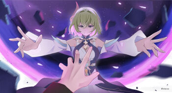 1girl black_sleeves blonde_hair blue_collar blue_dress breasts bright_pupils cleavage_cutout closed_mouth clothing_cutout collar crossed_bangs debris detached_sleeves dress falling genshin_impact grey_eyes hair_between_eyes hair_intakes hair_ornament highres layered_dress looking_at_viewer medium_breasts open_hands outstretched_arms portal_(object) pov pov_hands reaching reaching_towards_another rerir_(genshin_impact) scene_reference short_hair smile spoilers spread_arms stteroo tholindis_(genshin_impact) tsurime twitter_username white_dress white_pupils white_sleeves