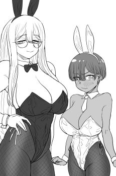 2girls :&gt; absurdres animal_ear_hairband animal_ears black_bow black_bowtie black_hairband black_leotard blush bow bowtie breasts cleavage collar cowboy_shot dark-skinned_female dark_skin detached_collar ear_piercing embarrassed fake_animal_ears fishnet_pantyhose fishnets furrowed_brow glasses greyscale hair_between_eyes hair_over_one_eye hairband hand_on_own_hip height_difference highres huge_breasts kaiman_garupan leotard light_smile long_hair long_sidelocks looking_at_viewer monochrome multiple_girls necktie original pantyhose piercing playboy_bunny rabbit_ear_hairband rabbit_ears short_hair sidelocks simple_background sweatdrop wavy_mouth white_background white_collar white_hairband white_leotard white_necktie white_wrist_cuffs wrist_cuffs