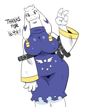 1girl adapted_costume alternate_costume animal_ear_piercing animal_ears arm_belt belly belt black_belt blue_dress body_fur breasts claws covered_erect_nipples curvy dress fangs fangs_out feet_out_of_frame full_body furry furry_female goat_ears goat_girl goat_horns hand_up highres horns huge_breasts kewlbot long_sleeves looking_at_viewer milestone_celebration parody plump red_eyes redesign short_dress skin_fangs smile style_parody thank_you toriel torn_clothes torn_dress turtleneck turtleneck_dress undertale utdr_(toby_fox) v v-shaped_eyebrows watanabe_kenji_(style) white_fur white_sleeves wide_sleeves