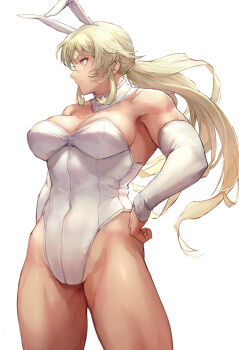 Rule 34 | 1girl, animal ears, bare shoulders, barghest (fate), biceps, blonde hair, breasts, cleavage, closed mouth, collar, covered navel, detached collar, detached sleeves, fake animal ears, fate/grand order, fate (series), green eyes, hand on own hip, highleg, highleg leotard, highres, large breasts, leotard, long hair, looking to the side, miyamoto satoru, muscular, muscular female, playboy bunny, ponytail, rabbit ears, revision, sidelocks, simple background, solo, thick thighs, thighs, white collar, white leotard, white sleeves