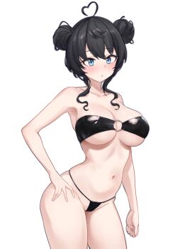 1girl ahoge alpha_transparency aningay bikini black_bikini blue_eyes blush breasts collarbone commentary contrapposto cowboy_shot double_bun hair_bun hand_on_own_hip heart heart_ahoge highres large_breasts navel o-ring o-ring_bikini open_mouth original solo stomach swimsuit symbol-only_commentary transparent_background