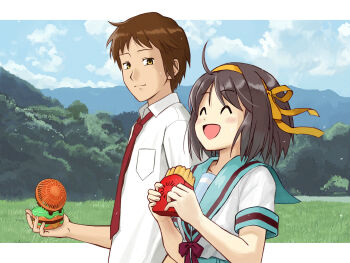 Rule 34 | 1boy, 1girl, blue sailor collar, blue skirt, blue sky, breast pocket, brown eyes, brown hair, burger, closed mouth, cloud, collared shirt, commentary request, day, fake food, food, french fries, hair ribbon, hairband, handheld electric fan, happy, highres, holding, holding burger, holding food, ishiyuki, kita high school uniform, kyon, looking at another, looking to the side, mountainous horizon, necktie, open mouth, outdoors, pocket, red necktie, red ribbon, ribbon, sailor collar, school uniform, serafuku, shirt, short hair, short sleeves, skirt, sky, smile, summer uniform, suzumiya haruhi, suzumiya haruhi no yuuutsu, tongue, white shirt, yellow hairband, yellow ribbon