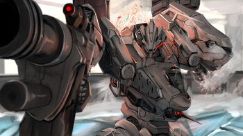 absurdres armored_core armored_core_vi:_fires_of_rubicon blurry depth_of_field glowing glowing_eye glowing_eyes gorigorimatcha gun highres holding holding_gun holding_weapon looking_at_viewer mecha mecha_focus missile_pod missing_limb nightfall_(armored_core_vi) no_humans aiming red_eyes robot science_fiction sensor shoulder_cannon smoke solo standing upper_body weapon