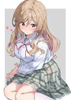 1girl blush border breasts brown_hair closed_mouth collared_shirt commentary_request double-parted_bangs feet_out_of_frame frilled_skirt frills green_skirt grey_background hair_between_eyes heart highres kneehighs large_breasts long_hair long_sleeves neck_ribbon outside_border plaid_clothes plaid_skirt pleated_skirt red_ribbon ribbon school_uniform sena_ajisai shinshin_(ssnsn_oekaki) shirt simple_background sitting skirt socks solo watashi_ga_koibito_ni_nareru_wake_naijan_murimuri! white_border white_shirt white_socks yellow_eyes