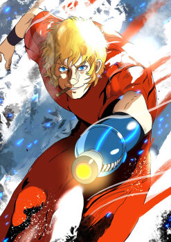 Rule 34 | 1970s (style), 1boy, arm up, bent over, biceps, blonde hair, blue background, blue eyes, bracelet, cigar, cigarette, cobra (space adventure cobra), colored eyelashes, colored skin, crazy smile, gradient background, hair between eyes, highres, holding, holding weapon, jewelry, jumpsuit, large pectorals, laser, laser cannon, leaning forward, leaning to the side, lighting cigarette, long sideburns, mechanical arms, mechanical hands, medium hair, messy hair, muscular, muscular male, oldschool, one-man army, pants, parted lips, pectorals, psychogun, red jumpsuit, red pants, red shirt, red streaks, retro artstyle, shirt, short hair, short sleeves, sideburns, single mechanical arm, single mechanical hand, skin tight, smile, smoke, smoke trail, solo, space adventure cobra, toned, toned male, turtleneck, ugo 000000, weapon, white skin, wristband