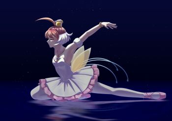 1girl ahiru_(princess_tutu) ahoge ballerina ballet ballet_slippers blue_background bracelet closed_eyes crown dark_background dress full_body highres huge_ahoge jewelry jyouka magical_girl mini_crown pale_skin pink_hair pink_shoes princess_tutu princess_tutu_(character) reflection reflective_liquid shoes short_hair smile solo tutu white_dress