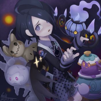Rule 34 | 1boy, ahoge, allister (pokemon), azur cephonodes, black hair, bright pupils, chandelure, collared shirt, commentary request, cursola, gen 5 pokemon, gen 7 pokemon, gen 8 pokemon, gloves, hand up, highres, long sleeves, male focus, mimikyu, nintendo, open mouth, partially fingerless gloves, pokemon, pokemon (creature), pokemon sword and shield, polteageist, print shirt, print shorts, raised inner eyebrows, shirt, short hair, shorts, single glove, suspenders, white pupils