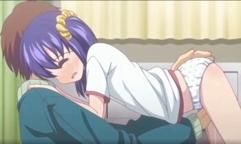 1boy 1girl bad_tag blush child crying crying_with_eyes_closed fingering hand_on_another&#039;s_butt highres kneeling loli panties petite purple_hair shirt teacher_and_student underwear wet white_panties white_shirt