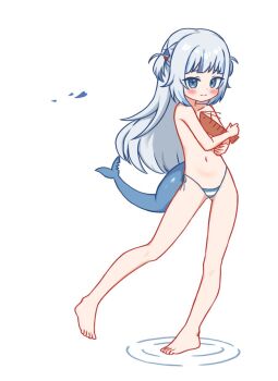 animal blue_eyes blue_hair blunt_bangs blush closed_mouth fins fish_tail gawr_gura gba_jasjas hair_ornament highres holding holding_animal hololive hololive_english loli long_hair looking_at_viewer navel no_bra panties shark_girl shark_tail shrimp simple_background smile split_mouth standing standing_on_one_leg stomach striped_clothes striped_panties swimsuit tail underwear virtual_youtuber wading white_background
