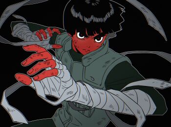 Rule 34 | 1boy, absurdres, bandaged arm, bandaged hand, bandages, black background, black hair, black pants, black shirt, bowl cut, closed mouth, commentary request, dirty, dirty face, flak jacket, frown, highres, jacket, korean commentary, long sleeves, lower eyelashes only, m0 mo momo, male focus, naruto (series), naruto shippuuden, pants, rock lee, shirt, short hair, simple background, solo, thick eyebrows, v-shaped eyebrows