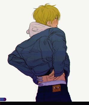 Rule 34 | 1boy, adventure time, blonde hair, blue jacket, blush, cowboy shot, denim, finn the human, highres, hood, hood down, jacket, jake the dog, jeans, male focus, male underwear, male underwear peek, open mouth, pants, short hair, solid oval eyes, solo, underwear, white background, white male underwear, yumin