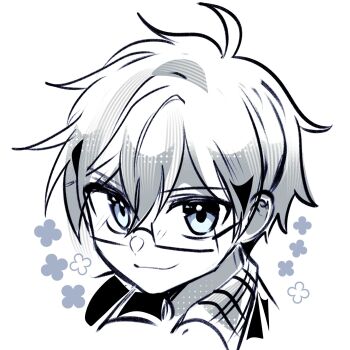 1boy blue_eyes closed_mouth commentary cropped_head double-parted_bangs english_commentary glasses hair_between_eyes highres looking_at_viewer male_focus monochrome original ryuuxin short_hair smile solo spot_color white_background