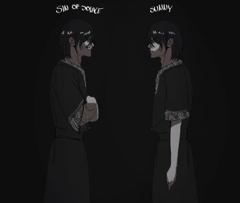 2boys black_hair black_tunic crossed_arms dark dim_lighting dual_persona from_side grey_trim grin highres looking_at_another male_focus multiple_boys sh1fted_1 shadow_slave short_hair smile sunny_(shadow_slave) tunic