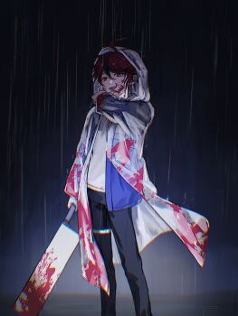 1boy black_hair black_pants blood blood_on_clothes blood_on_face cleaver coat hair_between_eyes highres holding holding_weapon hood hood_up hooded_coat hoodie looking_at_viewer male_focus multicolored_hair pants rain raincoat rangxiangrikuikaimanxiboliya red_eyes see-through_clothes solo standing streaked_hair sumino_takumi the_hundred_line_-last_defense_academy- weapon