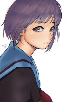 Rule 34 | 1girl, absurdres, blue sailor collar, commentary request, expressionless, grey hair, highres, ibispaint (medium), kita high school uniform, kyoto animation, looking at viewer, nagato yuki, nanja, sailor collar, school uniform, short hair, simple background, solo, suzumiya haruhi no yuuutsu, upper body, white background, yellow eyes