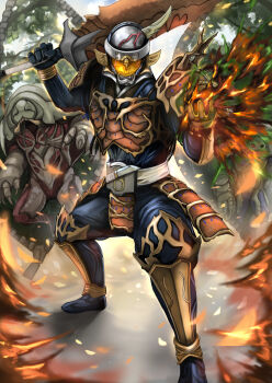 1boy absurdres another_gaim_(zi-o) another_rider_(zi-o) armor clenched_teeth creature demon dou explosion fangs forest glowing glowing_eyes helmet highres holding holding_sword holding_weapon horns japanese_armor japanese_clothes kamen_rider kamen_rider_zi-o_(series) karasu820621 knife looking_at_viewer monster nature oni orange_armor orange_horns samurai single_horn summoning sword teeth visor weapon zipper