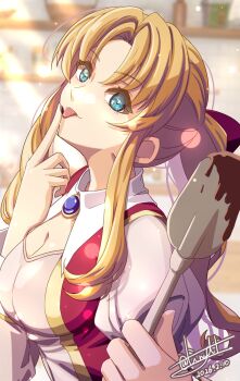 Rule 34 | 1girl, blue eyes, bow, breasts, brooch, commentary request, curtained hair, dated, eiyuu densetsu, hair bow, half updo, highres, holding, holding spatula, indoors, jewelry, large breasts, licking, licking finger, light rays, long sidelocks, long sleeves, looking at viewer, mayor maybelle, parted bangs, ponytail, puffy long sleeves, puffy sleeves, puritan collar, red bow, sidelocks, signature, smile, solo, sora no kiseki, spatula, sunbeam, sunlight, tinybiard, tongue, tongue out, twitter username, upper body