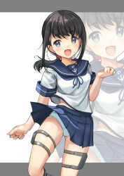 Rule 34 | 1girl, absurdres, anchor symbol, black hair, blue neckerchief, blue sailor collar, blue skirt, clothes lift, commentary request, feet out of frame, fubuki (kancolle), grey eyes, highres, kantai collection, long hair, low ponytail, neckerchief, panties, sailor collar, sailor shirt, shirt, sidelocks, skirt, skirt lift, smile, solo, thigh strap, underwear, white panties, white shirt, wind, wind lift, yashin (yasinz), zoom layer