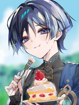1boy :t absurdres anemo_symbol_(genshin_impact) aqua_gem black_bodysuit black_bridal_gauntlets blue_cape blue_hair blue_sky blunt_ends blurry blurry_background bodysuit bridal_gauntlets cake cape closed_mouth cloud cloudy_sky colored_inner_hair commentary_request covered_collarbone eating eyeliner fingernails food fork fruit gem genshin_impact gold grey_hair hands_up highres holding holding_fork holding_plate japanese_clothes kimono looking_at_viewer makeup male_focus mandarin_collar multicolored_hair munou_v open_clothes open_kimono outdoors plate portrait purple_eyes purple_hair red_eyeliner scaramouche_(genshin_impact) short_sleeves shoulder_peek sky solo strawberry strawberry_shortcake streaked_hair sweatdrop tsurime twitter_username wanderer_(genshin_impact) white_kimono white_sleeves wispy_bangs