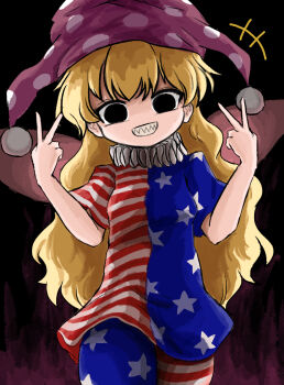 +++ 1girl american_flag_dress american_flag_legwear black_eyes blonde_hair clownpiece commentary_request cowboy_shot double_v fairy_wings grin hands_up hat heripantomorrow jester_cap long_hair neck_ruff pink_hat polka_dot_headwear sharp_teeth short_sleeves smile solo teeth touhou v wings