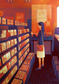 1girl bag blue_hair blue_shirt blue_shoes cd clock commentary_request from_side hakunetsutou_(hacne) handbag indoors long_hair long_sleeves original pointing pointing_at_object record_store scenery shirt shoes shop skirt solo standing vinyl_record wall_clock white_skirt