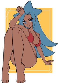 1girl bikini blue_eyes blue_hair border breasts commentary dark-skinned_female dark_skin english_commentary eyebrow_piercing face_piercing feet flat_color full_body hand_up highres knees_up labret_piercing large_breasts legs long_hair looking_at_viewer oninuer original outside_border parted_lips piercing red_bikini shaaku_(oninuer) sketch smile solo swimsuit toes white_border yellow_background